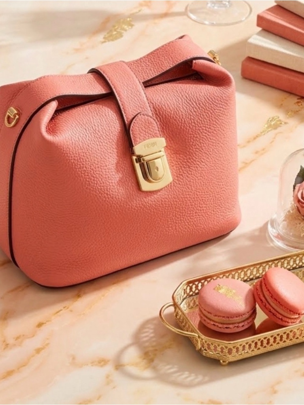Source Unknown Coral Pink Pebbled Leather Crossbody with Gold Hardware